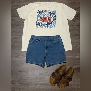 White Graphic T-Shirt with Blue and Red Design